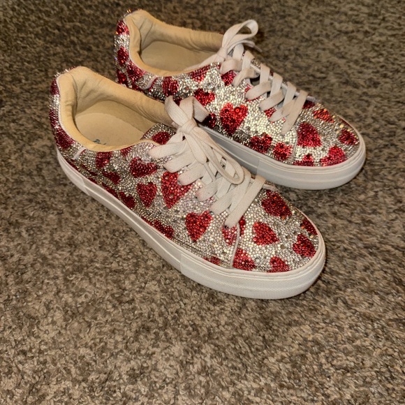 Betsey Johnson Shoes - Betsey Johnson Glittery Sneakers with Hearts -Red and Silver Accents
